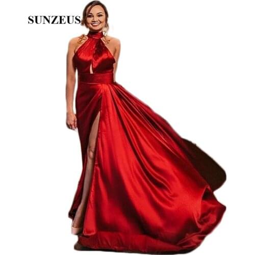 High Neck Red Satin Evening Dresses Long Simple Formal Dresses High Leg Split Slit Evening Gowns Women Celebrity Dresses SE20