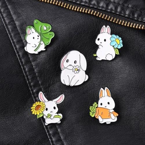 Cute White Rabbit Lapel Pins Fashion Cartoons Enamel Badges Carrots And Flowers Anime Brooches For Women Metal Hijab Pin Jewelry
