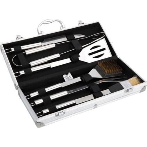 6pcs Stainless Steel BBQ Tools Set Barbecue Grilling Utensil Accessories Camping Outdoor Cooking Tools Kit with Aluminum Box