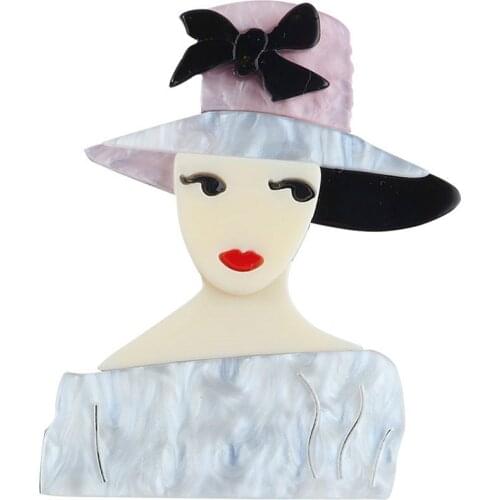 New Elegant Lady Wear Hat Figure Brooch Pins For Women Girl Cartoon Cute Acrylic Brooches Lapel Pins Badge Party Fashion Jewelry