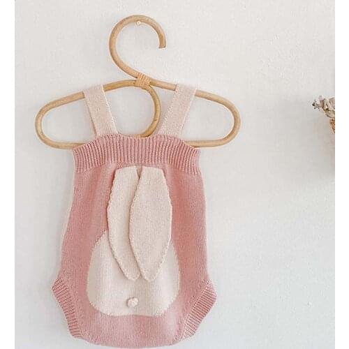 Autumn Baby Girl Infant Children Rabbit Ear Color Matching Knitted Wool One-Piece Suit Baby Bodysuit Triangle Crawling Clothes