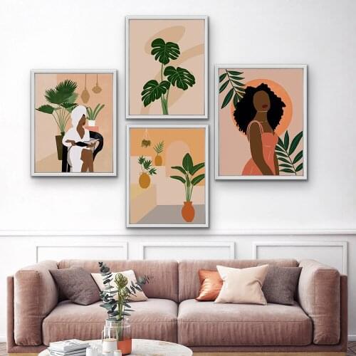 Boho African Black Woman Posters Prints Abstract Leaves American Girl Canvas Painting On The Wall Art Pictures Bath Room Decor