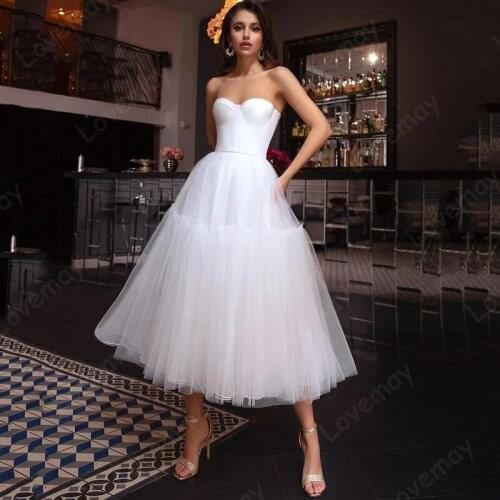 Simple Cheap Short Wedding Dresses 2021 Satin Strapless Tea Length Wedding Bridal Gowns Tulle Bride Dress Vestido de Noiva