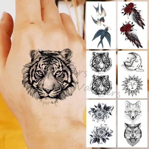 Realistic Black Tiger Temporary Tattoos For Women Girls Hummingbird Fox Wolf Sun Fake Tattoo Sticker Hand Body Tatoos Hot Sale
