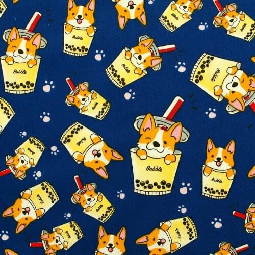 1 yard Cotton Twill Fabric for sewing pathwork, dress, cloth, bedding - Cartoon Dog in Cup on Navy Blue background(width=160cm)