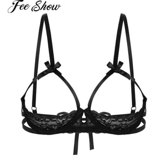 Sexy Womens Lingerie Erotic See Through Sheer Lace Bralette Sexy Bra Adjustable Spaghetti Straps Open Cups Underwired Bra Tops