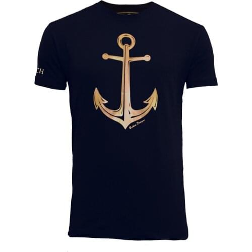 Bichon Designs T-shirt men short sleeve nautical style, with anchor print large metallic gold color