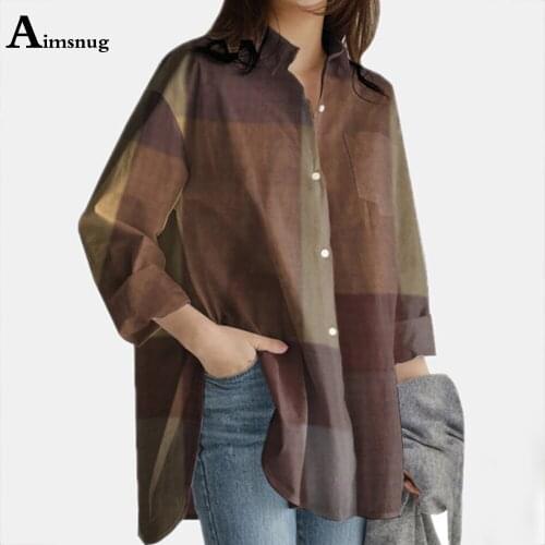 Latest 2021 Summer Long Elegant Leisure Casual Top Women Single-breasted Plaid Blouse Long Sleeve Turn-down Collar Female Shirt