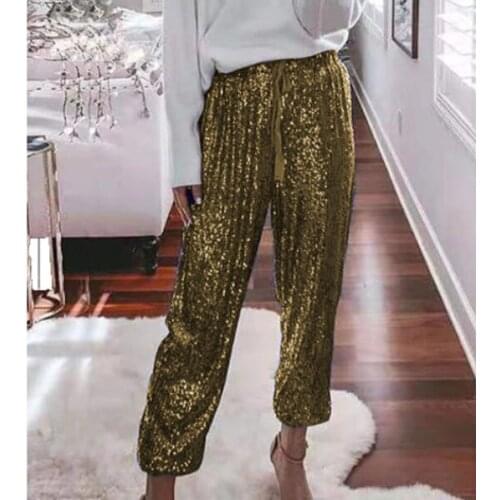 2021 Sequin Shiny Wide Beam Leg Pants Women Casual Christmas Party Harem Pants High Waist Lace Up Trousers Streetwear