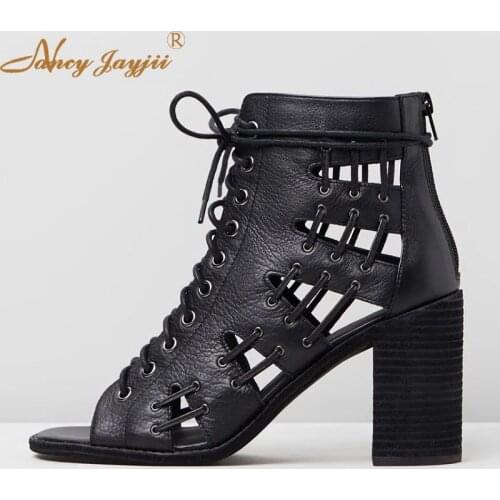 Spring/Autumn Ankle Boots Peep Toe Black Solid Cross-tied Lace-Up Women Shoes Ladies Zipper Super High Square Heel Rome 2019