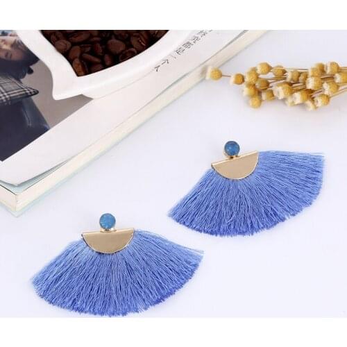 Bohemian Blue Cotton Tassel Earrings Women Crystal Stud Pendientes Handmade Big Dangle Drop Earrings Ethnic Statement Jewelry