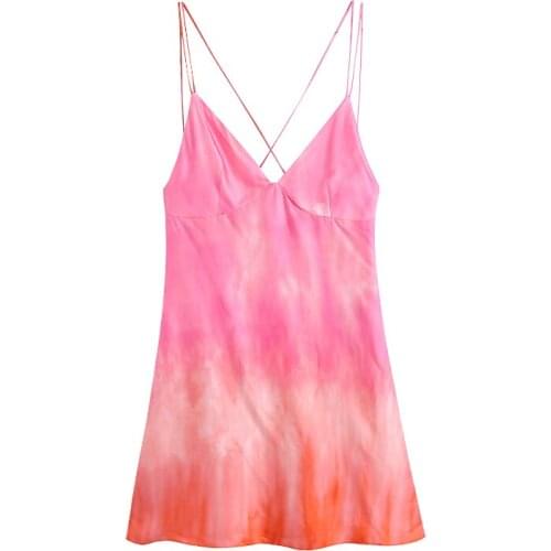 Women Beach Tie Dye Printed Mini Dress Summer Fashion Spaghetti Strap Dress Female V Neck Backless A Line Sundress