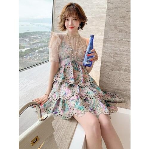 Fairy Skirt Mesh Stitching Hollow Embroidery Printing High Waist Cake Dress Womens 2020 Early Autumn