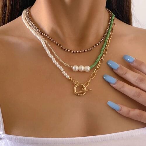 Vintage Creative Acrylic Beads Pearl Choker Necklaces Women Multilayer Geometric Thick Chain Pendant Necklace Collar Jewelry