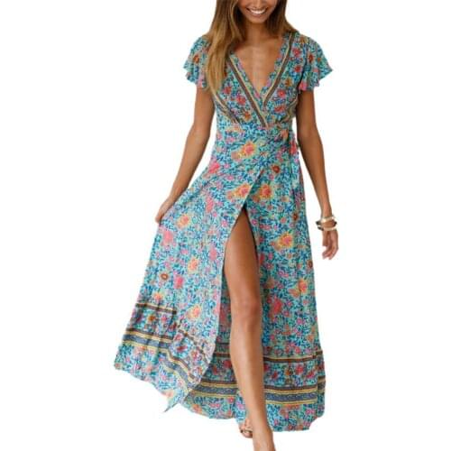 2021 Summer Women Dress Indie Folk Women Sexy Printed Bow Holiday Beach Wrap Dresses V-Neck Boho Dress Elegant Party Sundress