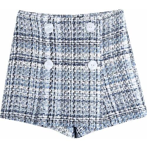 Aonibeier Spring Blended Textured Women Casual Plaid Shorts Female Skorts Double Breasted High Waist Straight Shorts Bottoms