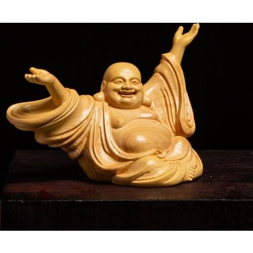 Boxwood 11cm Maitreya Sculpture Laughing Buddha Wood Statue Lucky Feng Shui Home Decor