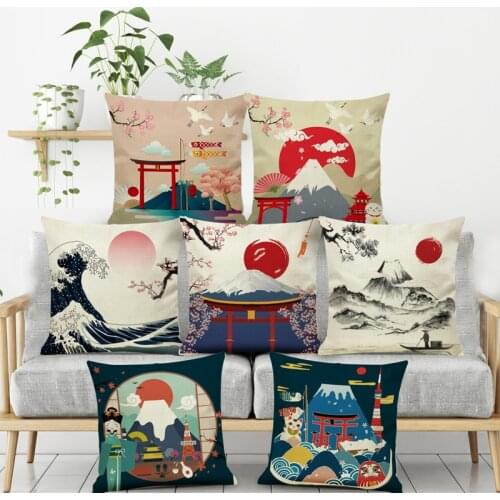 Japanese Ukiyo Pattern Cushion Cover 45*45 Pillowcase Sofa Cushions Pillow Cases Super Soft Short Plush Pillow Covers Home Decor