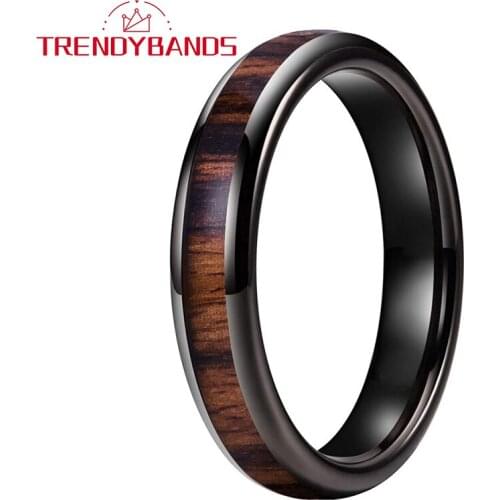 4MM Black Tungsten Carbide Rings For Women Men Wedding Band Wood Inlay Domed Polished Shiny Comfort Fit