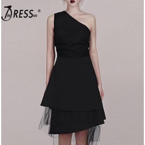 INDRESSME 2019 New Sexy One Shoulder Sleeveless Top Solid Black Asymmetry Hem Gown Skirt Women Party Sets