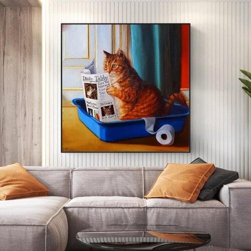 Funny Animal Canvas Painting Cute Yellow Cat Reading Books In Its Blue Bath Poster Print Wall Picture for Childrens Gifts Decor