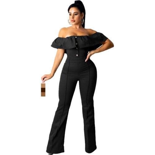 JRRY Women Jumpsuits Slash Neck Buttons Wide Leg Pants Bodysuit Elastic Solid Pattern Outdoor Wear