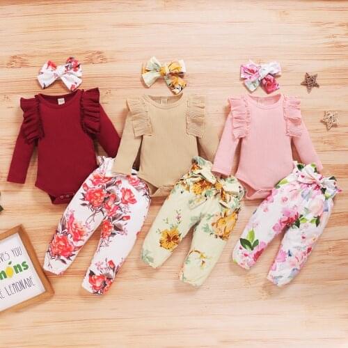 3Pcs Infant Newborn Kid Baby Girls Suit Set Solid Color Round Neck Long Sleeve Baby Romper+ Floral Print Trousers+ Headband Set