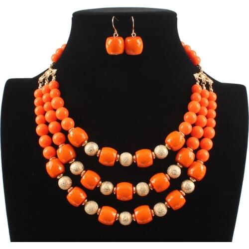 European American Statement Necklace Set Gold Frosted Beads Womens Nigeria Beaded Choker Bracelet Earring Wedding Jewelery Set