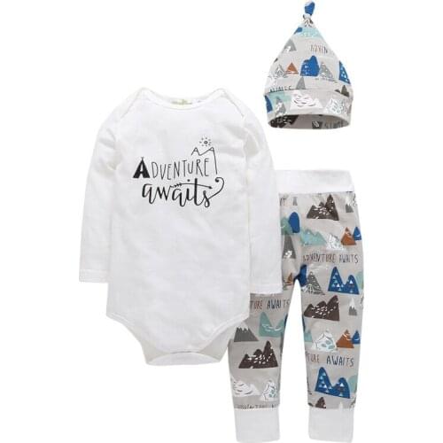 Newborn Baby Clothing Set Cotton Long Sleeve Adventure awaits Romper + Cartoon Mountain Pants Childrens Boys Girls Clothing