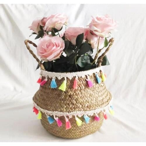 Handmade Dirty Clothes Storage Container Natural Seaweed Folding Wicker Basket Woven Laundry Bag Garden Decor Flower Pot #4