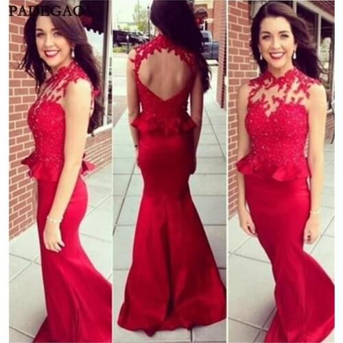 Red Evening Dresses Mermaid Lace Appliques Beading Sleeveless Evening Dress Ruffles Open Back Plus Size Custom Made