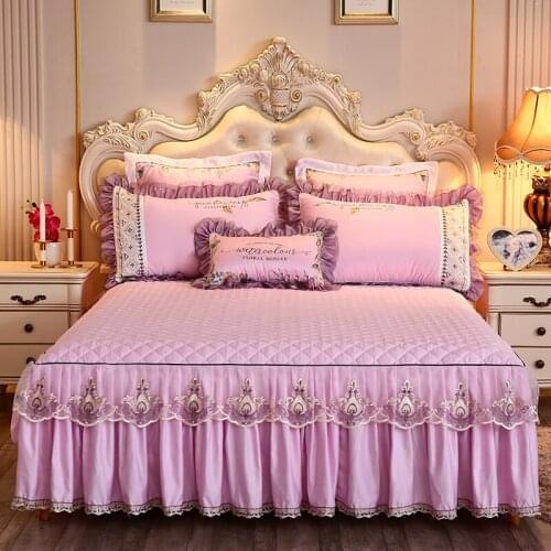 2019 new products Tencel quilting Bedspread Fitted Sheet Pillowcases 2/3pcs Pure color Lace embroidery Bedding