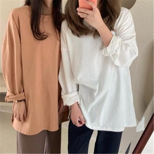 New 2020 Women Spring Loose T-Shirts Solid Bottoming Long Sleeve Casual Korean brife fashion Style Basic Tops Tees PZ3277