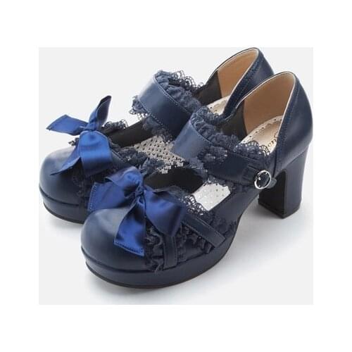 New Japanese Sweet Lace Lolita Princess Shoes Cute Bow Round Head Black Waterproof Platform College Women Shoes