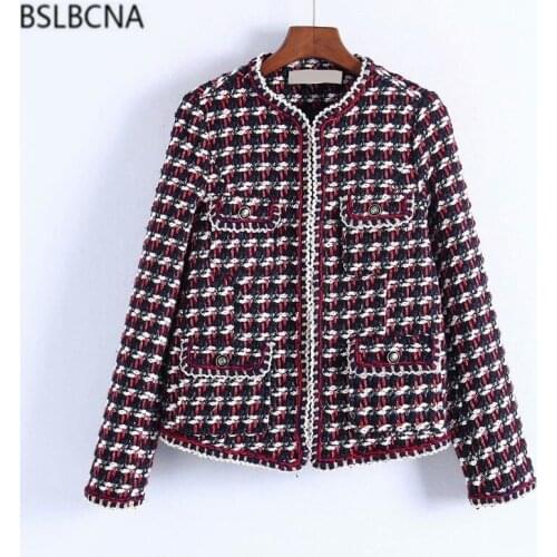 Autumn Winter Coat Female Crochet Texture Short Jacket Women Pocket Casual 2019 European Vintage Plaid Plus Size Clothes A474