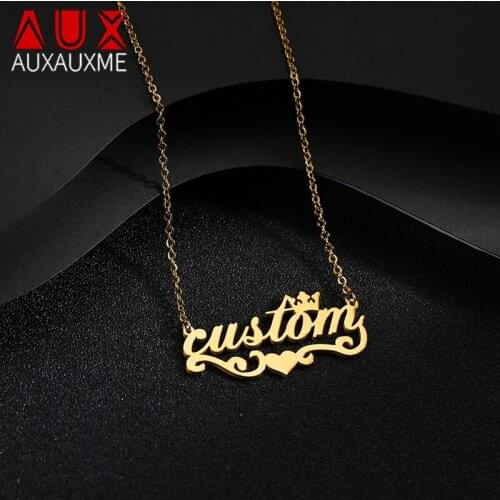 Auxauxme Custom Name Crown Heart Necklace Stainless Steel Personalized Nameplate for Women Birthday Jewelry Gifts