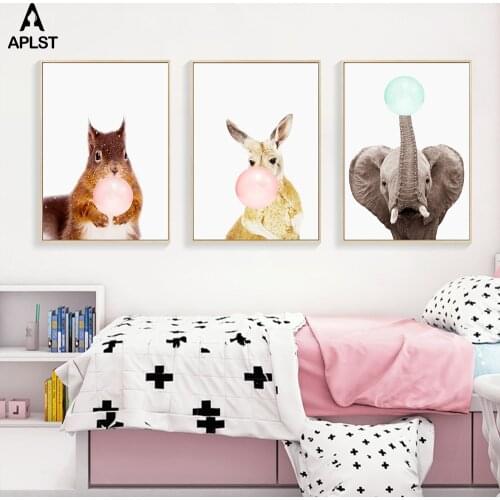 Nursery Posters & Prints Squirrel Kangaroo Elephant Bubble Gum Animal Canvas Paintings Animal Wall Art Decal Kids Room Pictures