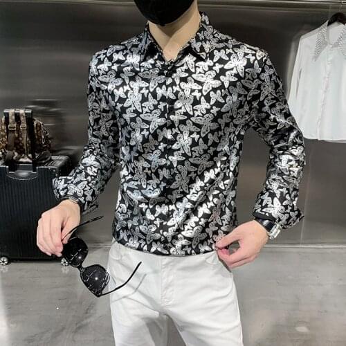 Hot Sale Autumn New Stylish Print Long Sleeve Shirt Men Clothing 2021 Simple Slim Fit Casual Club Tuxedo Streetwear Blouse Homme