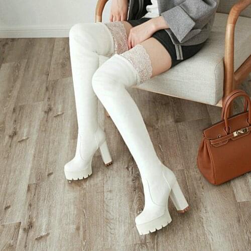 2021 Ladies Stitching Lace Sexy Slip On Knee Boots Female Autumn Winter Square High-Heel Platform Slim Boots Black White