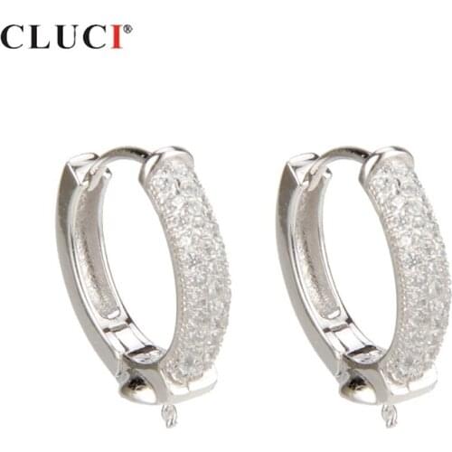 CLUCI 925 Sterling Silver Pearl Earrings Mounting for Women Fine Jewelry Making Silver 925 Zircon Hoop Earrings SE019SB