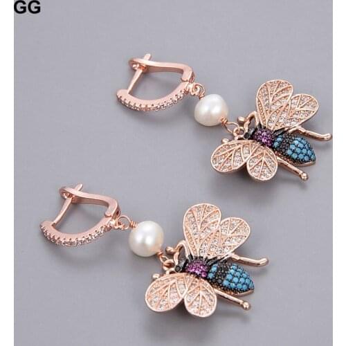 GuaiGuai Jewelry White Pearl Rose Gold Plated CZ Pave Bees Earrings
