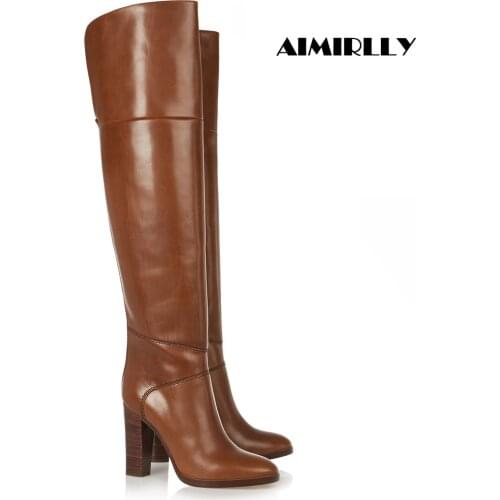 Womens Round Toe Over The Knee Boots Chunky Heel Classic Ladies Winter Shoes Long Boots Brown Cusotmized Bis Size Aimirlly