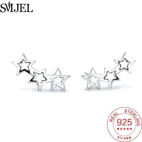 SMJEL 100% 925 Solid Sterling Silver Star Stud Earrings For Girls Teens Gift Women Fashion Jewelry Star 3 Earrings Pendients