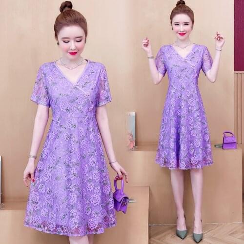 Plus size L-5XL lace summer dress purple fat XXL XXXL 3XL XXXXL 4XL 100KG woman wear loose blouses blusas V-neck dress for woman