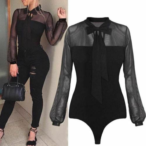 Ladies Sexy Elegant Mesh Bodysuits Women Long Sleeve O Neck Solid Lace Up Slim Skinny Club Party Fashion Leotard Rompers