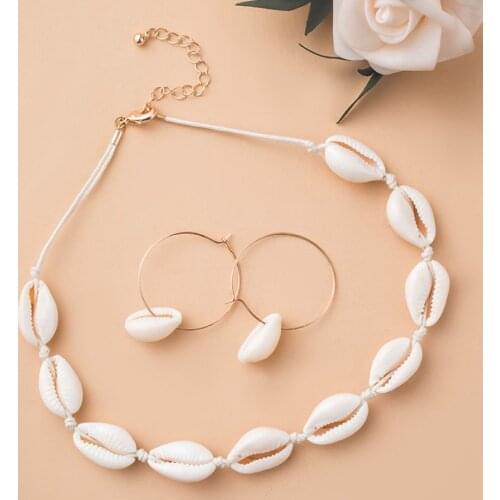 Boho Conch Seashell Necklace Earring Sets Women Jewelry Summer Beach Natural Sea Shell Rope Cowrie Beaded Choker Handmade Collar