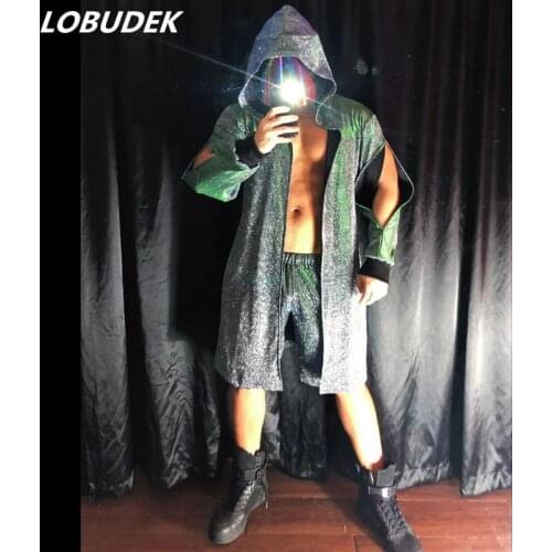 Nightclub Male Rock Singer Powder Cloak Long Coat Rappers Performance Hooded Jacket Hollowed Sleeve Overcoat Bar Hip Hop Clothes