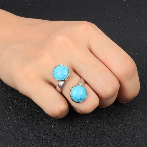 Natural Gem Stone Rings For Women Round Turquoises Pink Crystal Tiger Eye Adjustable Open Finger Ring Female Bohemian Jewelry
