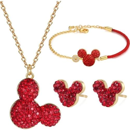 Fashion 3Set Engagement Jewelry Set For Women Mini Mouse Gold Red Pandent Necklace String Bracelet Zircon Earring Stud Wholesale