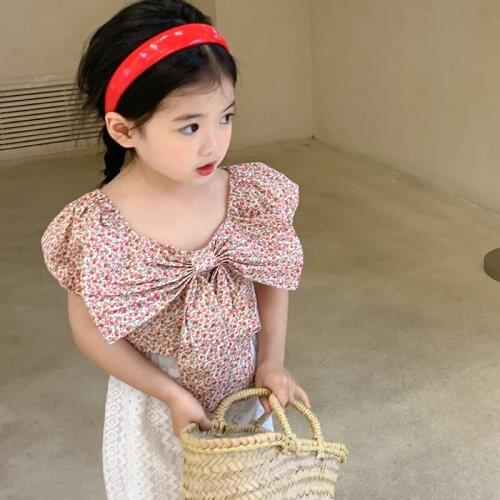 Summer Girl Bubble Sleeve T-Shirt Sweet Temperament Floral Bow Casual Tops Korean Trend Tee Cartoon Printing Clothes